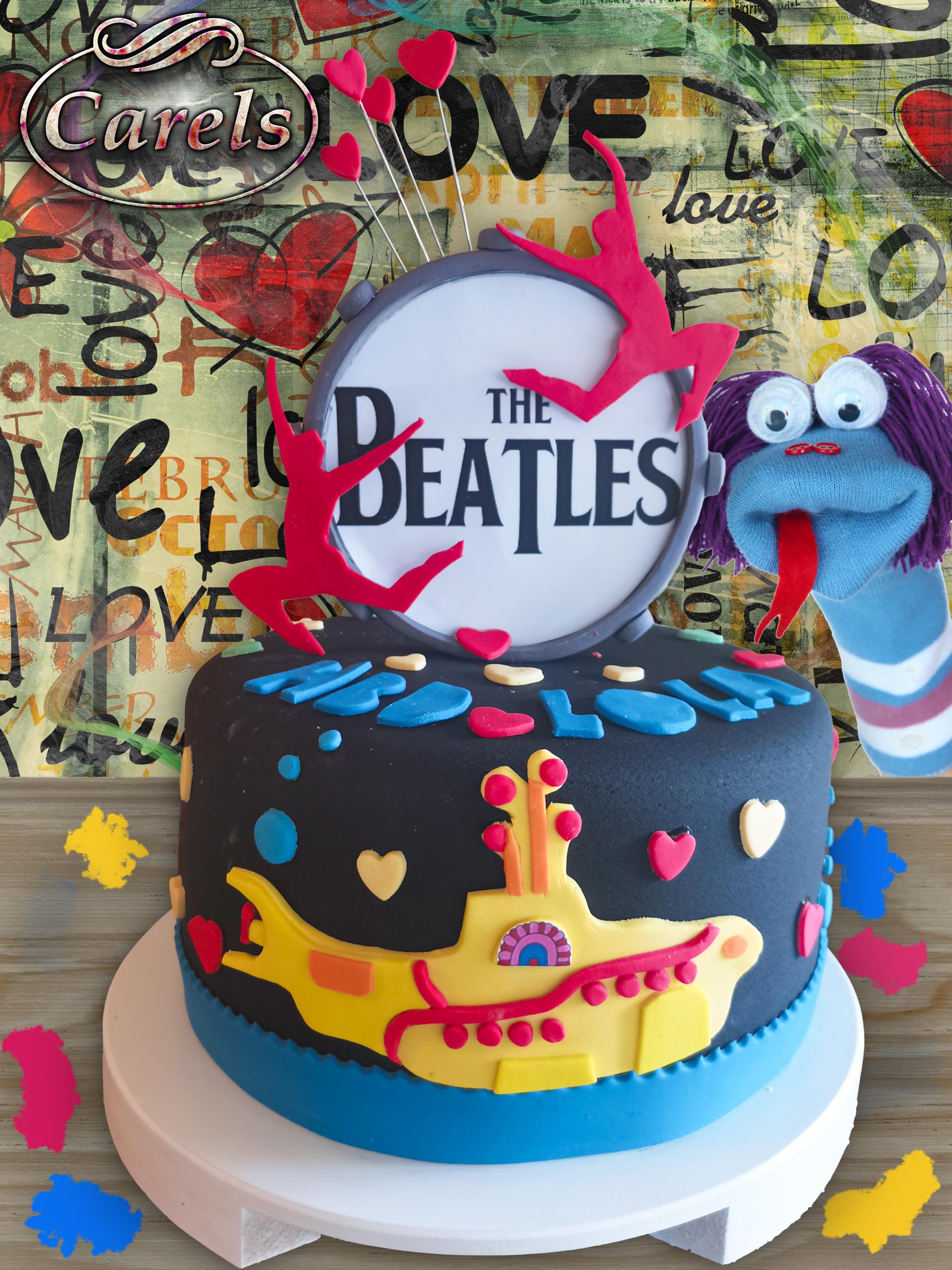 Pastel para 15 años,
 Pastel Beatles, Yellow submarine,
Pastel cumpleaños
Carels
