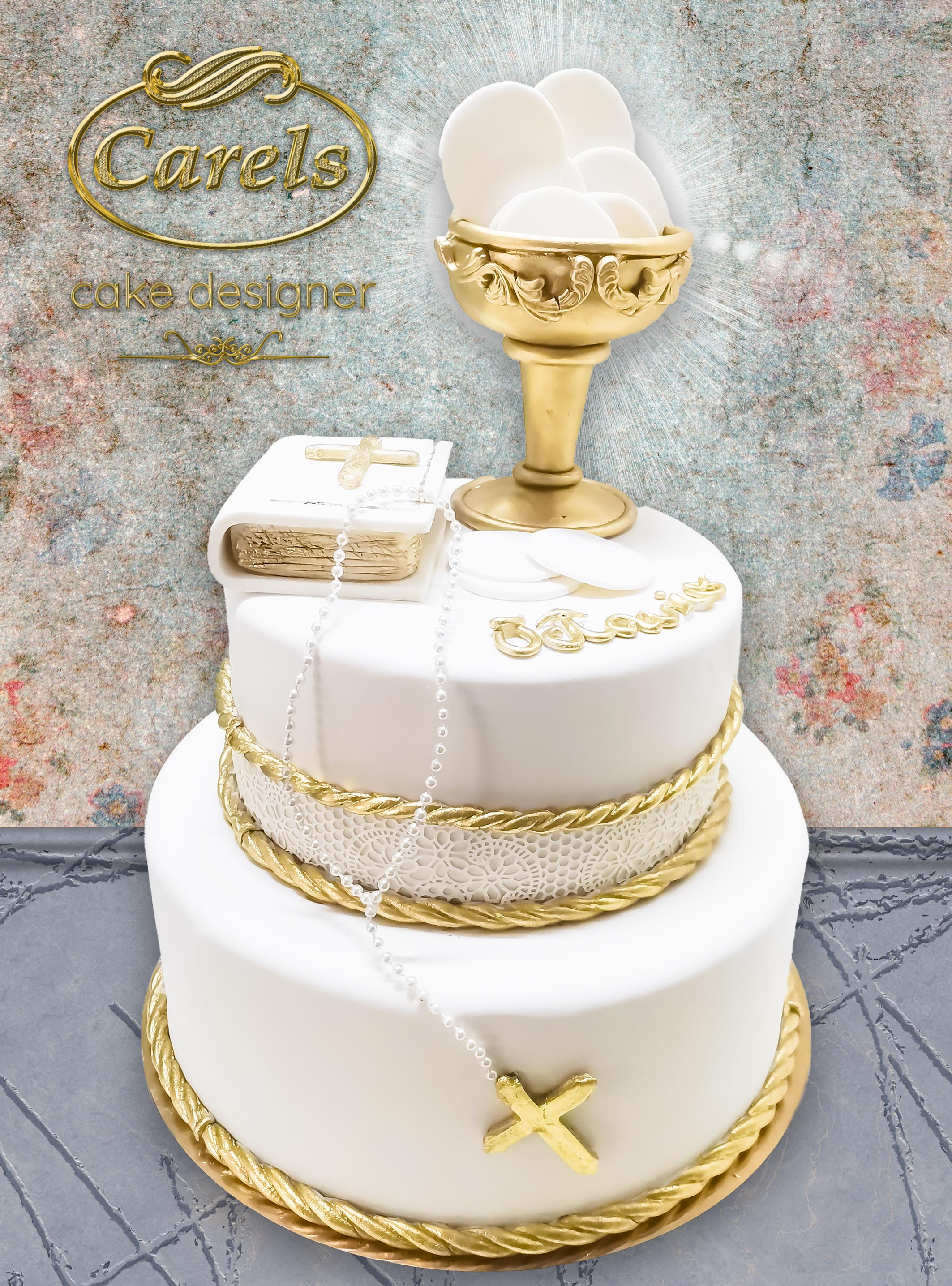 Pastel Primera comunión,
Pastel celebración religiosa,
Christening Cakes
Carels