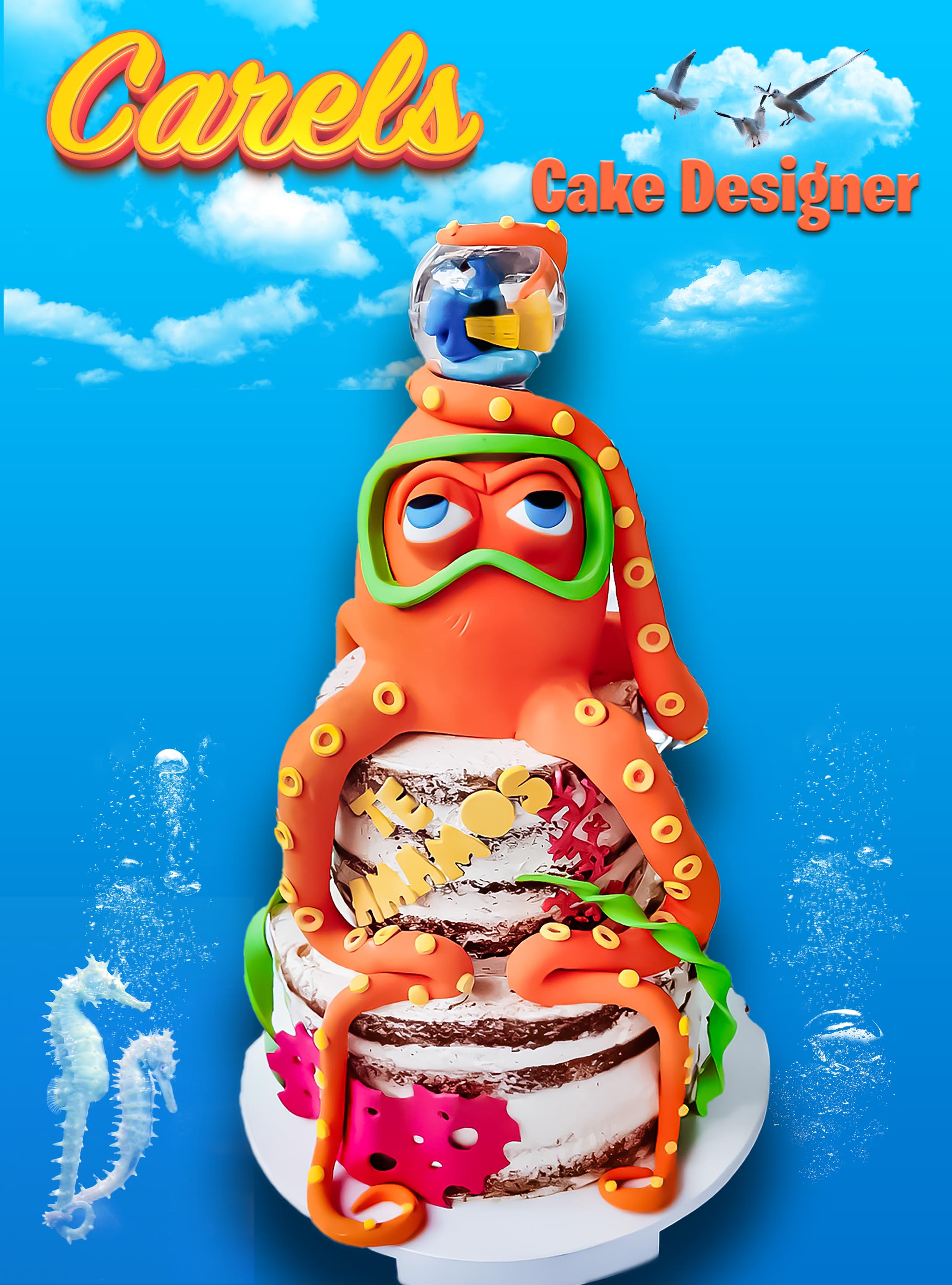 Pastel Pulpo,
Pastel con motivos del mar,
Pastel cumpleaños,
Pastel celebración de eventos,
Carels