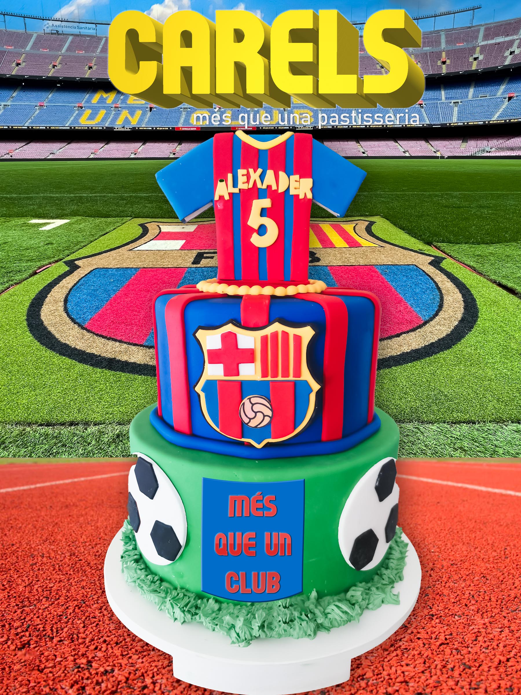 Pastel Barcelona,
Pastel cumpleaños,
Pastel para festajar futbol,
Carels